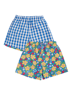 Frugi Kids' Raina Floral Check Reversible Shorts, Cobltging/Picnicposy, Cobltging/Picnicposy
