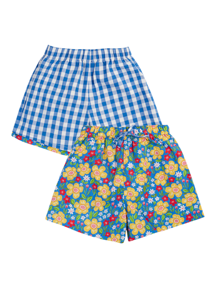 Frugi Kids' Raina Floral Check Reversible Shorts, Cobalt Gingham/Picnic Posy, Cobltging/Picnicposy