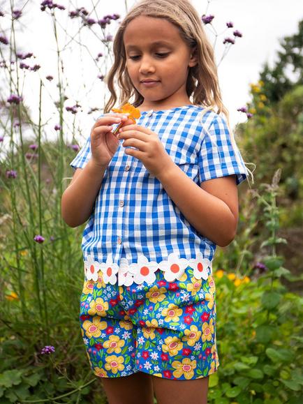 Frugi Kids' Raina Floral Check Reversible Shorts, Cobalt Gingham/Picnic Posy - view 2, Cobltging/Picnicposy