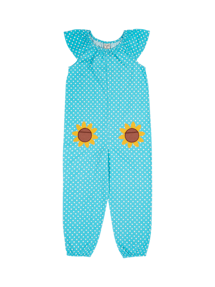 Frugi Kids' Dora Sunflower Applique Jumpsuit, Blue Skies Spot/Sunflower, Blueskiesspt/Sunflwr