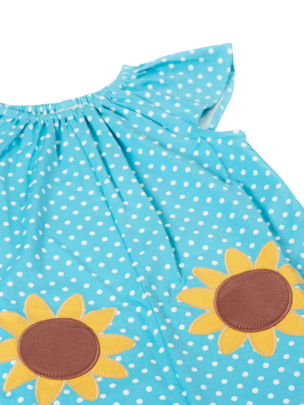 Frugi Kids' Dora Sunflower Applique Jumpsuit, Blue Skies Spot/Sunflower - view 2, Blueskiesspt/Sunflwr