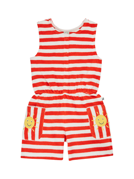 Frugi Kids' Harlyn Cotton Towelling Stripe Playsuit, Papaya Stripe/Sun, Papaya Stripe/Sun