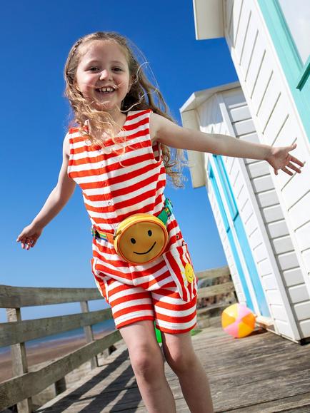 Frugi Kids' Harlyn Cotton Towelling Stripe Playsuit, Papaya Stripe/Sun - view 2, Papaya Stripe/Sun