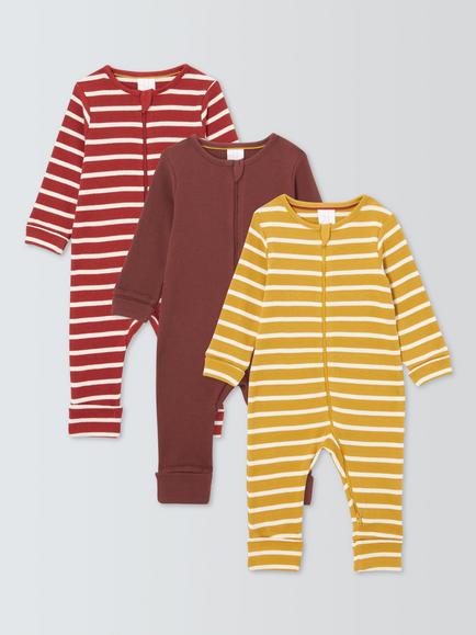 John Lewis Baby Rib Stripe Sleepsuit, Pack of 3, Burgundy Multi, Burgundy Multi