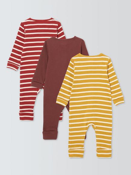 John Lewis Baby Rib Stripe Sleepsuit, Pack of 3, Burgundy Multi - view 2, Burgundy Multi