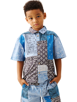 Angel & Rocket Kids' Short Sleeve Bandana Patchwork Shirt, Blue, Blue
