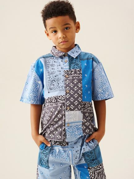 Angel & Rocket Kids' Short Sleeve Bandana Patchwork Shirt, Blue, Blue