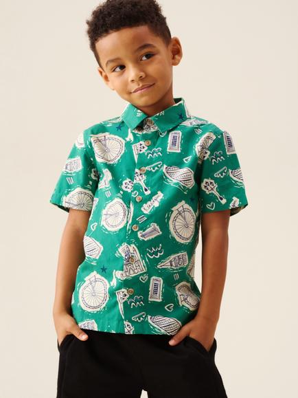 Angel & Rocket Kids' Short Sleeve City Print Shirt, Green, Green