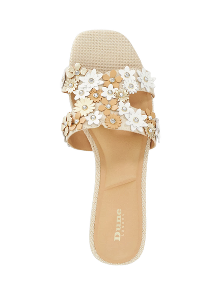 Dune London Loupe Flower Embellished Flat Slider Sandals, Ecru - view 2, Ecru
