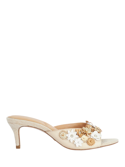 Dune London Maizy Leather Flower Embellished Heeled Sandals, Ecru, Ecru