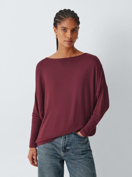 AND/OR Batwing Sleeve Boat Neck Jersey Cotton Top, Burgundy, Burgundy