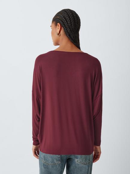 AND/OR Batwing Sleeve Boat Neck Jersey Cotton Top, Burgundy - view 2, Burgundy