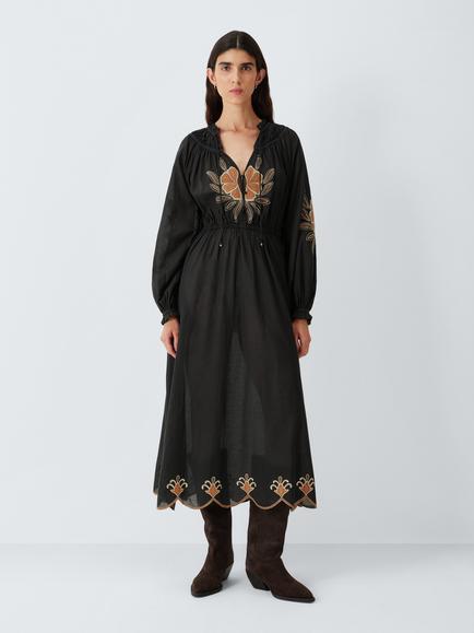 AND/OR Sienna Floral Embroidered Cotton Blend Midi Dress, Black, Black
