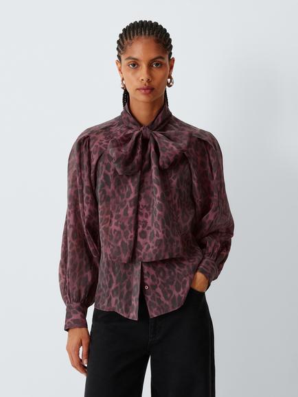 AND/OR Cassie Tie Neck Animal Print Blouse containing TENCEL™ Lyocell, Burgundy, Burgundy