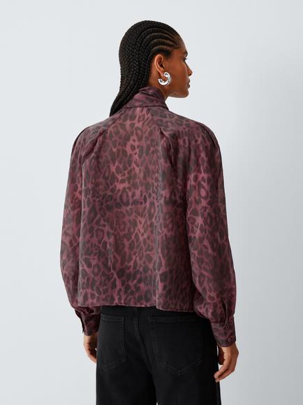 AND/OR Cassie Tie Neck Animal Print Blouse containing TENCEL™ Lyocell, Burgundy - view 2, Burgundy