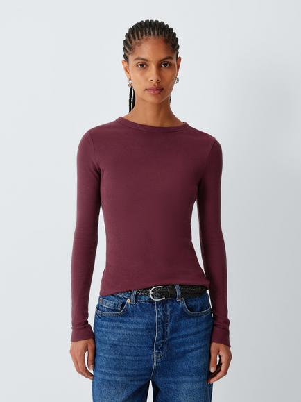 AND/OR Pure Cotton Long Sleeve Crew Neck Ribbed Top, Burgundy