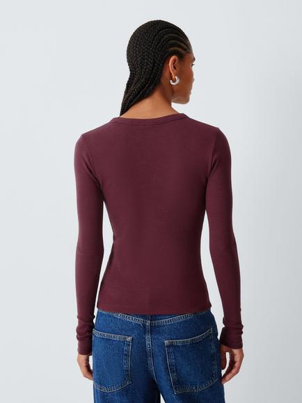 AND/OR Pure Cotton Long Sleeve Crew Neck Ribbed Top - view 2, Burgundy