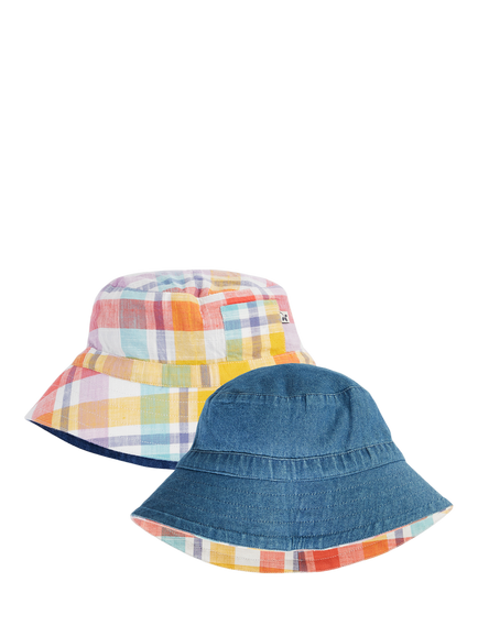 Frugi Kids' Ashley Reversible Beach Hat, Springtime Check/Denim, Springtimechck/Denim