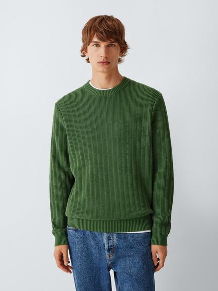 John Lewis Ladder Stitch Crew Neck Cotton Jumper, Mid Green