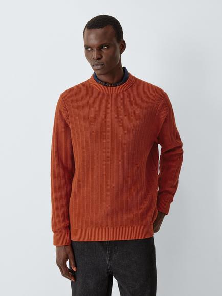 John Lewis Ladder Stitch Crew Neck Cotton Jumper, Rust
