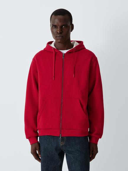 John Lewis Zip Front Cotton Blend Hoodie, Red, Red