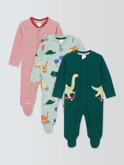 John Lewis Baby Dinsoaur Sleepsuits, Pack of 3, Green Multi, Green Multi