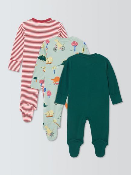 John Lewis Baby Dinsoaur Sleepsuits, Pack of 3, Green Multi - view 2, Green Multi