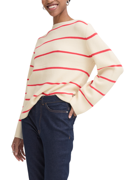 ICHI Ihboston Striped Long Sleeve Jumper, Birch/Strawberry, Birch/Strawberry