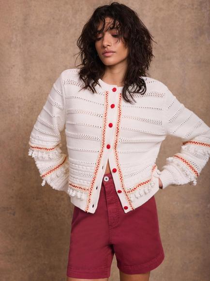 Mint Velvet Open Knit Tassel Cardigan, White/Ivory, White/Ivory