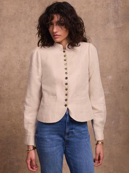 Mint Velvet Linen Collarless Cropped Jacket, Natural, Natural