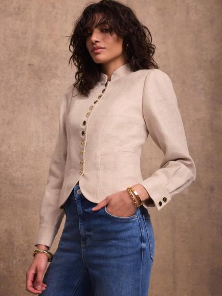 Mint Velvet Linen Collarless Cropped Jacket, Natural - view 2, Natural