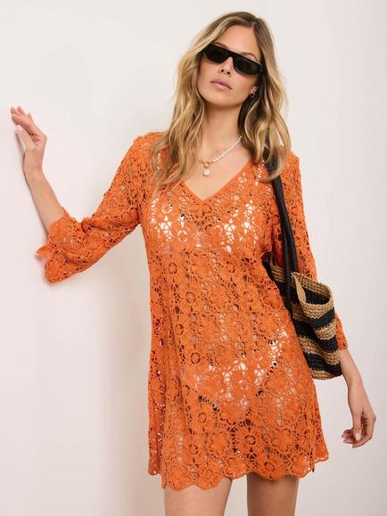 Mint Velvet V-Neck Mini Beach Dress, Orange, Orange