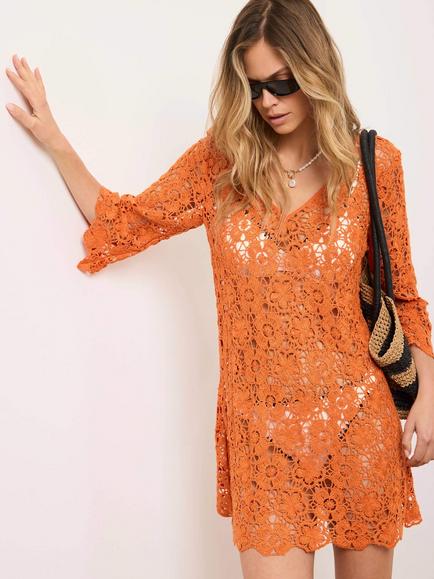 Mint Velvet V-Neck Mini Beach Dress, Orange - view 2, Orange