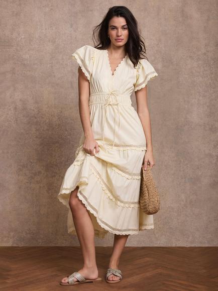 Mint Velvet Cotton Scallop Trim Maxi Dress, Yellow - view 2, Yellow