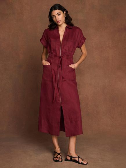 Mint Velvet Linen Midi Shirt Dress, Red Burgundy