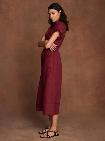 Mint Velvet Linen Midi Shirt Dress - view 2, Red Burgundy