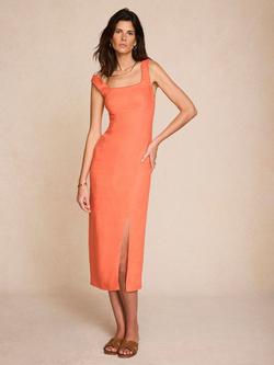 Mint Velvet Stitch Trim Pure Linen Midi Dress, Orange, Orange
