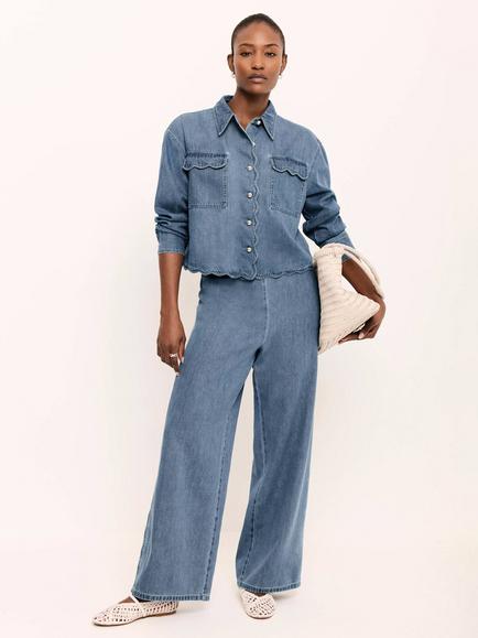 Mint Velvet Scallop Trim Wide Jeans, Blue - view 2, Blue