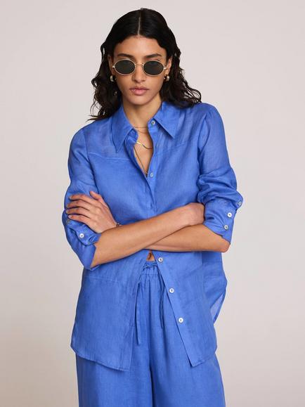 Mint Velvet Sheer Panel Pure Linen Shirt, Blue, Blue