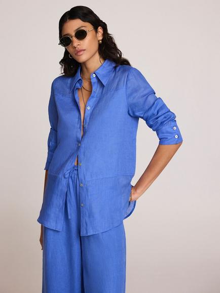Mint Velvet Sheer Panel Pure Linen Shirt, Blue - view 2, Blue