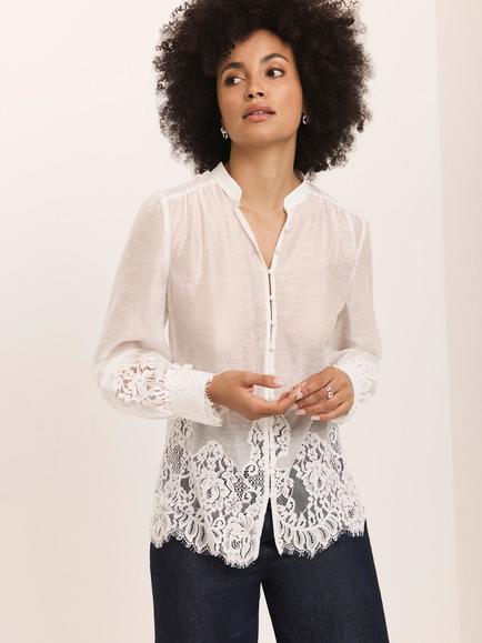 Mint Velvet Lace Detail Sheer Shirt, Natural Cream - view 2, Natural Cream