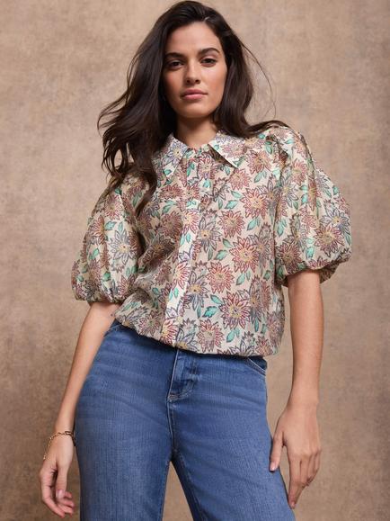 Mint Velvet Floral Short Puff Sleeve Shirt, Burgundy/Multi, Burgundy/Multi