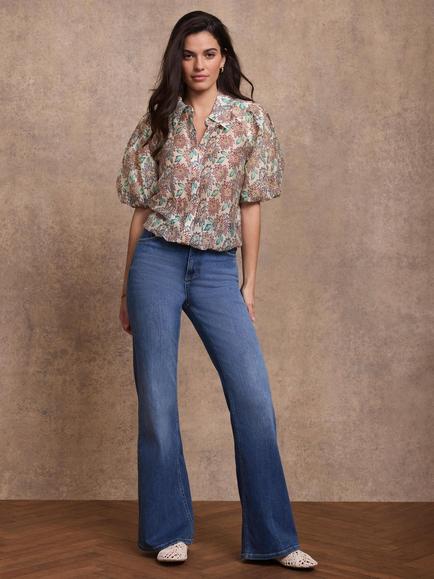 Mint Velvet Floral Short Puff Sleeve Shirt, Burgundy/Multi - view 2, Burgundy/Multi