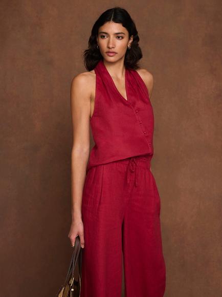 Mint Velvet Asymmetric Button Pure Linen Top, Red, Red