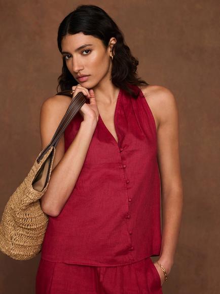 Mint Velvet Asymmetric Button Pure Linen Top, Red - view 2, Red