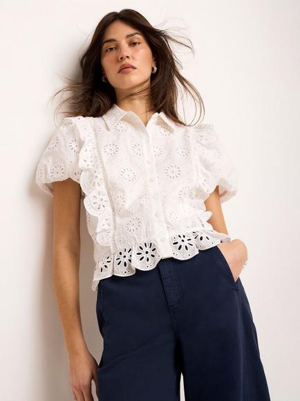 Mint Velvet Broderie Detail Shirt, White Ivory, White Ivory