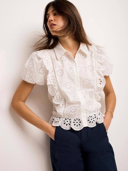 Mint Velvet Broderie Detail Shirt, White Ivory - view 2, White Ivory