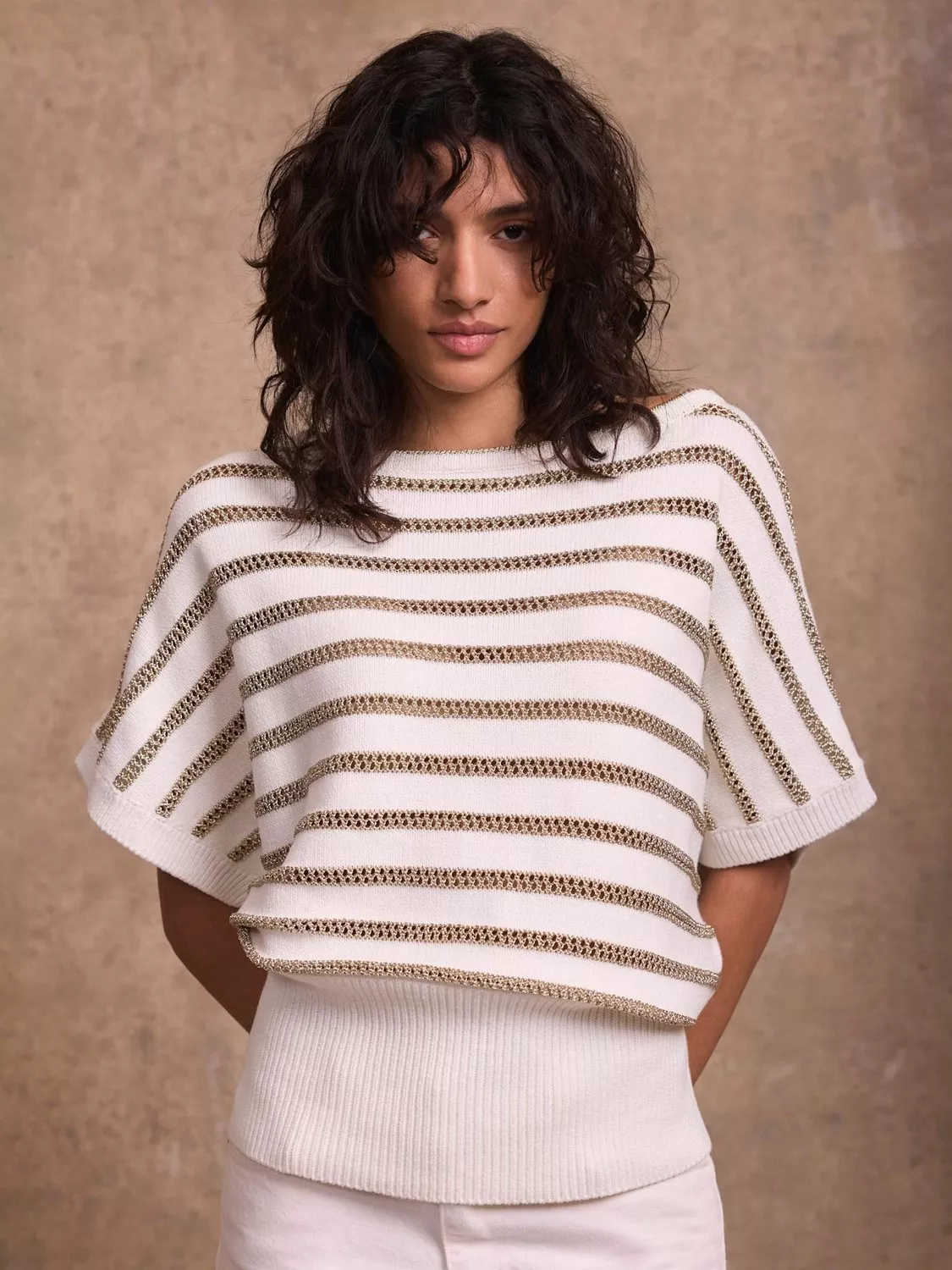 Mint Velvet Slash Neck Metallic Stripe Top, Gold