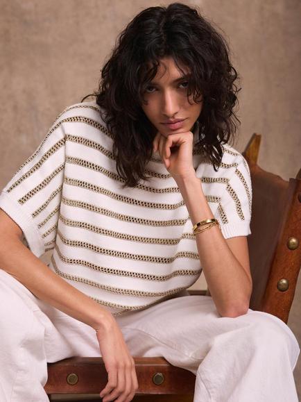 Mint Velvet Slash Neck Metallic Stripe Top, Gold - view 2, Gold