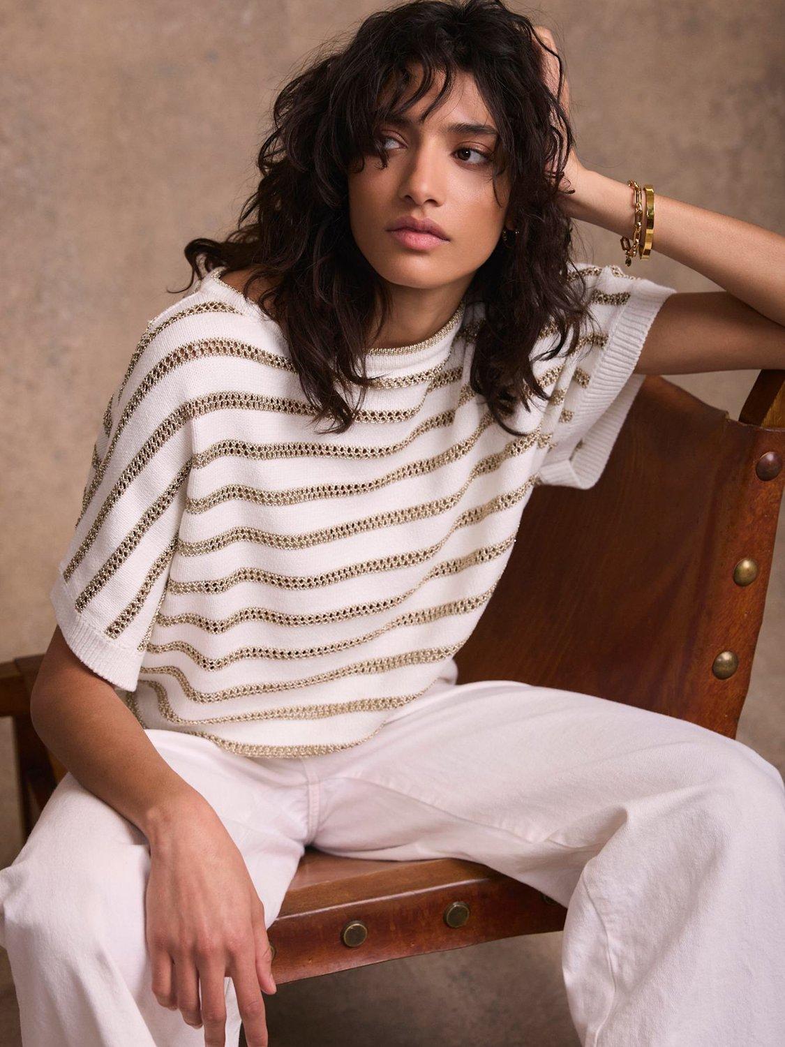 Mint Velvet Slash Neck Metallic Stripe Top, Gold